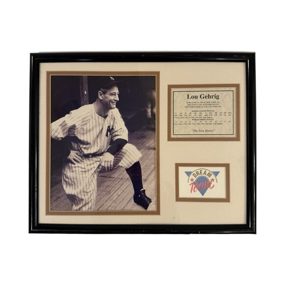 Vintage MLB “Dream Team” Lou Gehrig Framed & Matted Photo With Career Statistics - Picture 1 of 12